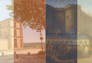Photo du Château de La Tour-d'Aigues et d'un tableau de la Bastille, superposés au drapeau Français et mis côte à côte