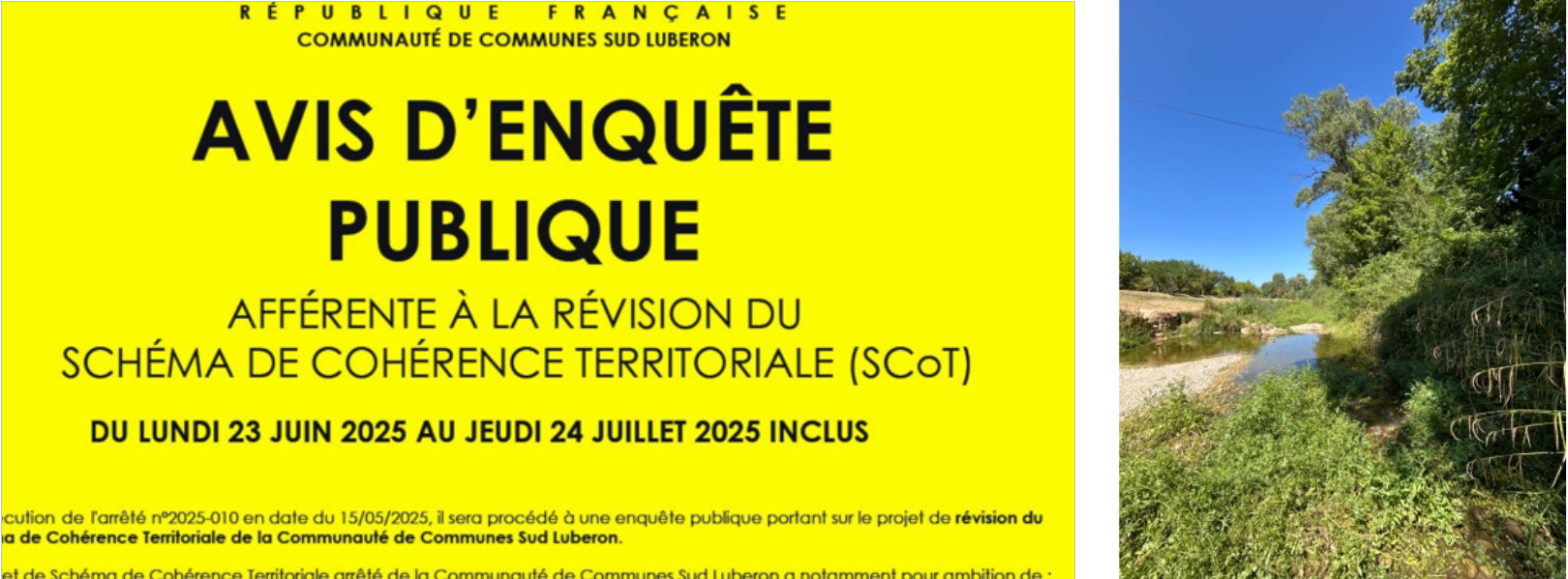 bandeau de l'avis d'enquête publique sur fond jaune accompagné d'une photo de l'Èze au niveau du vallat des Cayoux