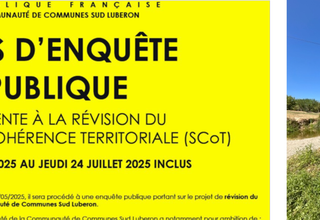 bandeau de l'avis d'enquête publique sur fond jaune accompagné d'une photo de l'Èze au niveau du vallat des Cayoux