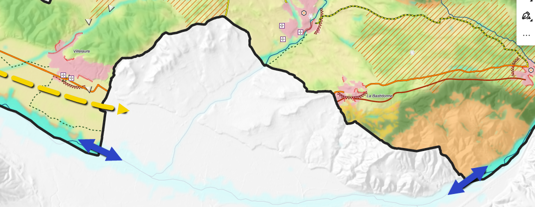 Copie d'écran de la carte sur les continuités écologiques issue du projet de SCOT. On voit la trame bleue s'interrompre