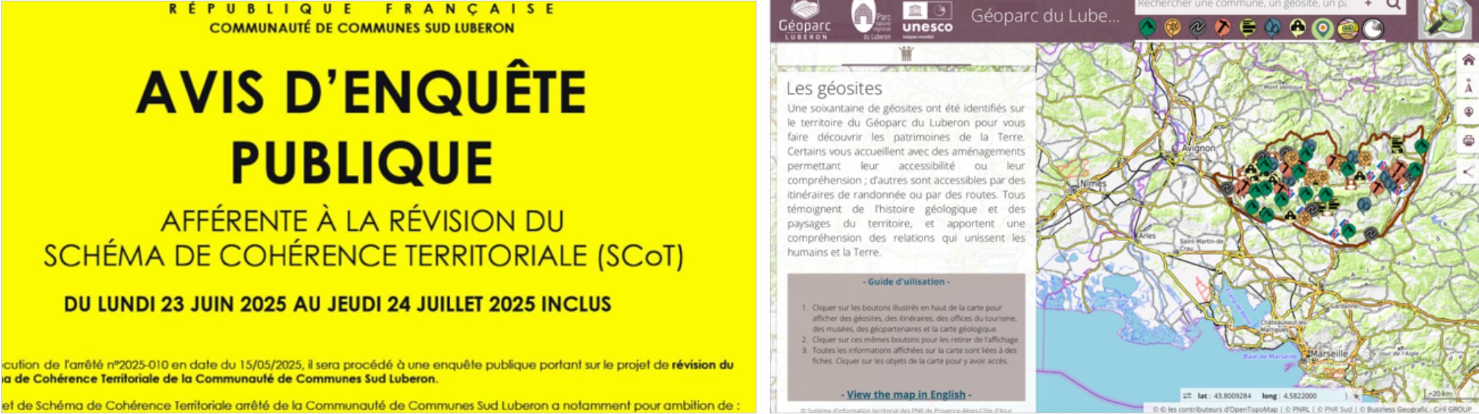 Image du bordereau de l'enquête publique, sur fond jaune, accompagnée à droite d'une capture d'écran de la carte du parc naturel du Luberon
