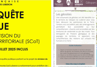 Image du bordereau de l'enquête publique, sur fond jaune, accompagnée à droite d'une capture d'écran de la carte du parc naturel du Luberon