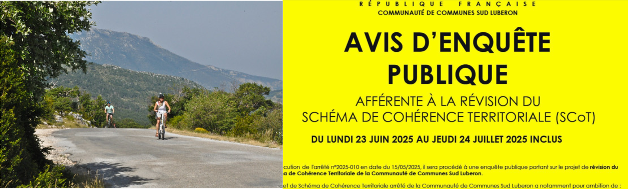 Bandeau jaune de l'avis d'enquête publique, accompagné d'une image de gens à vélo sur une route de provence
