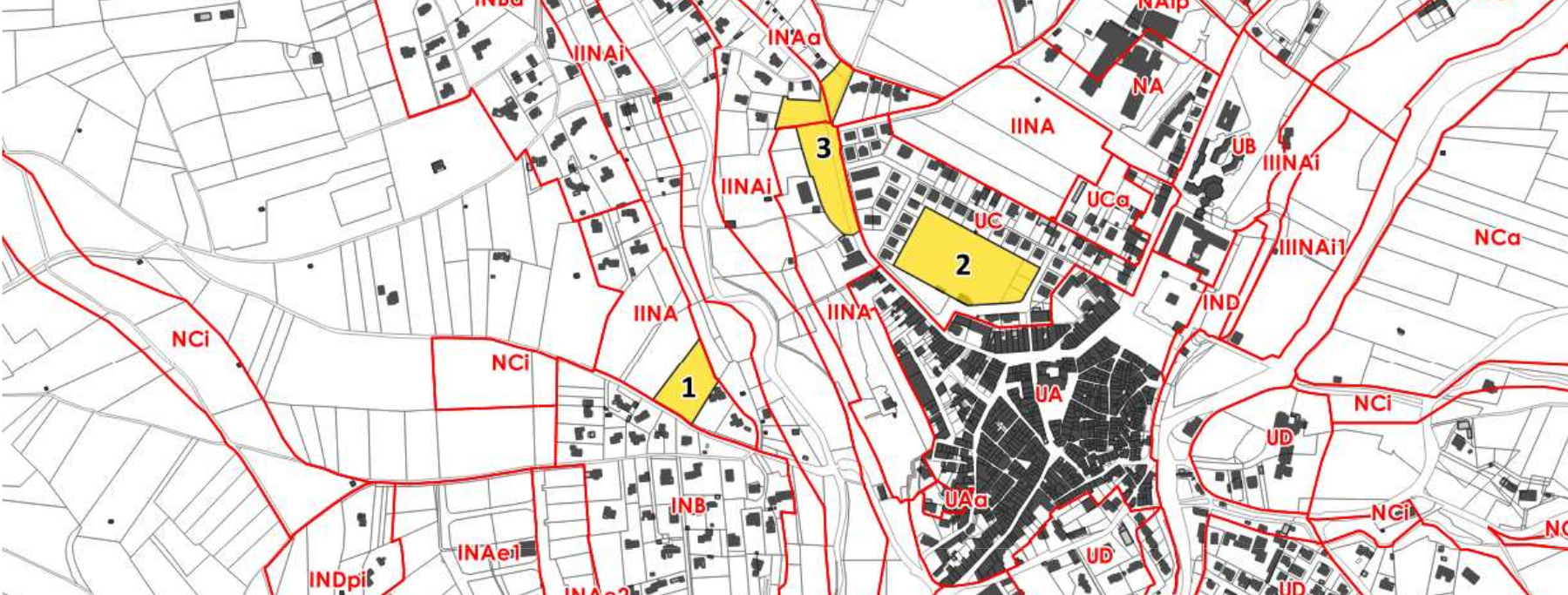 Vue du cadastre en noir et rouge, centré sur le centre village avec les 3 premières OAP visibles en jaune