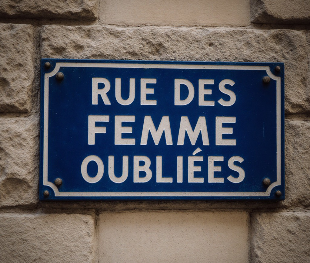 Plaque de nom de rue portant l'inscription "Rue des femmes oubliées"